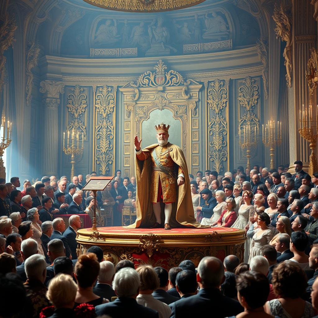 A grand scene depicting a French monarch, adorned in opulent royal attire, standing majestically on a large ornate platform