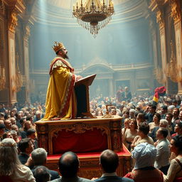 A grand scene depicting a French monarch, adorned in opulent royal attire, standing majestically on a large ornate platform