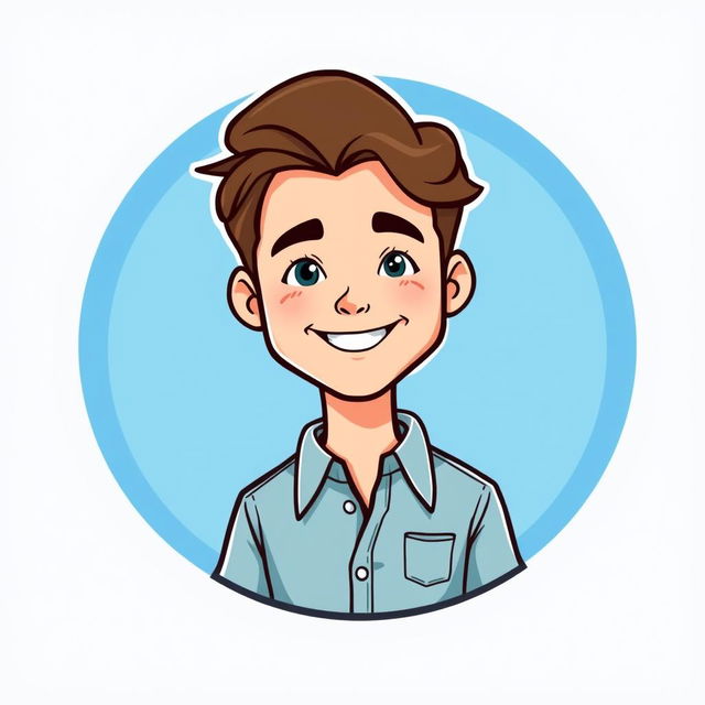 A cartoon logo featuring a mini cute figure of a young man with light skin and longish brown hair