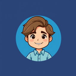A cartoon logo featuring a mini cute figure of a young man with light skin and longish brown hair