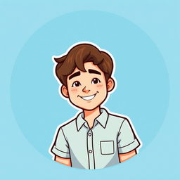 A cartoon logo featuring a mini cute figure of a young man with light skin and longish brown hair