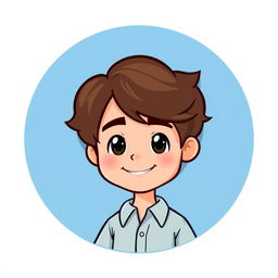 A cartoon logo featuring a mini cute figure of a young man with light skin and longish brown hair