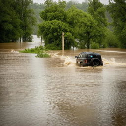 An SUV caught in the tumultuous currents of a flooded river, painting a dramatic picture of nature's wrath.