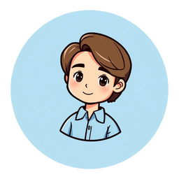 A cartoon logo featuring a mini cute figure of a young man with light skin and shoulder-length brown hair