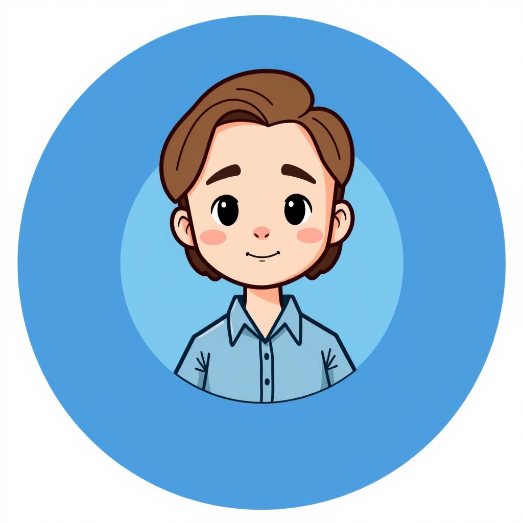 A cartoon logo featuring a mini cute figure of a young man with light skin and shoulder-length brown hair