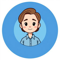 A cartoon logo featuring a mini cute figure of a young man with light skin and shoulder-length brown hair