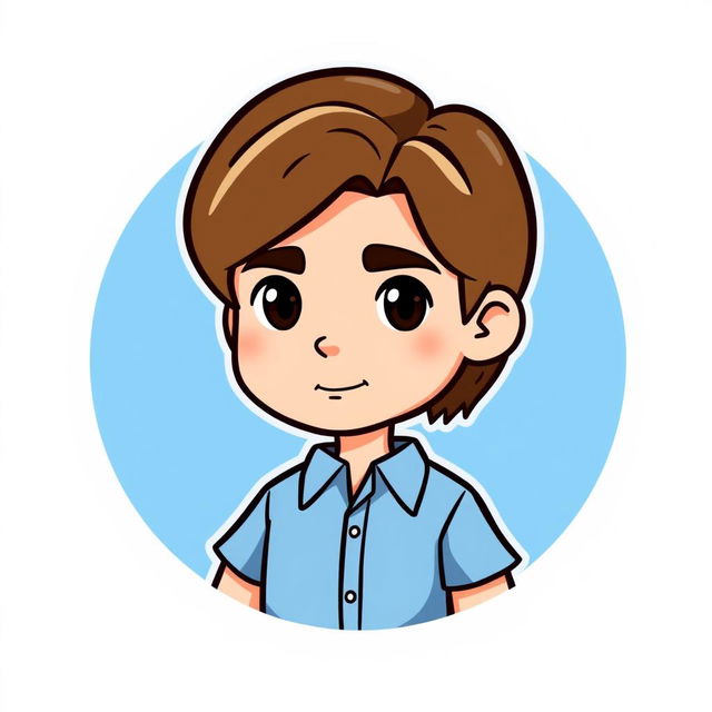 A cartoon-style logo featuring a mini figure of a young man with light skin and shoulder-length brown hair