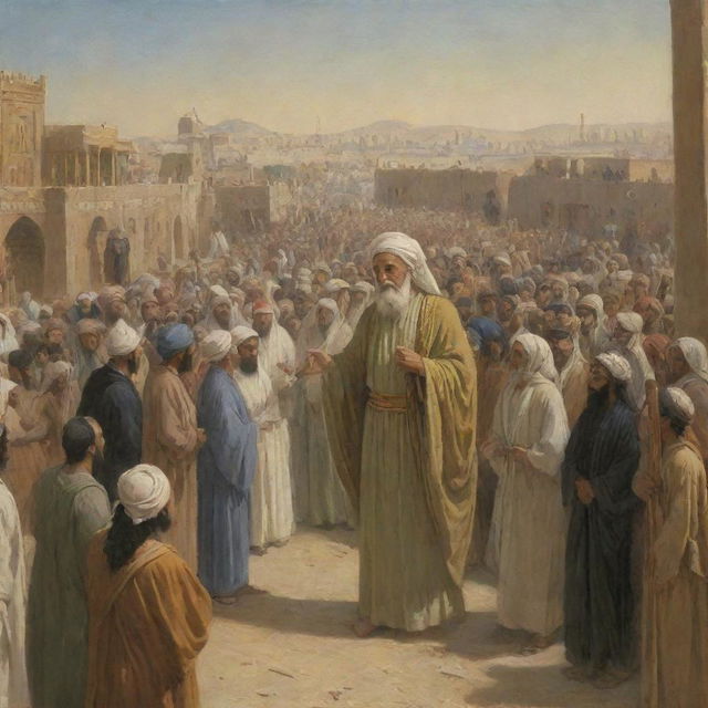 The next day in Babylon, Prophet Ibrahim, still glowing serenely, is bound to a wooden stake, surrounded by a silently observing crowd. The scene is intense, the calm demeanor of the prophet contrasting with the anticipatory faces of the onlookers.