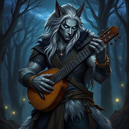 A male werewolf drow bard depicted in a fantasy RPG setting, featuring his unique werewolf traits—sharp elongated ears, a strong yet graceful physique, and striking blue eyes that glimmer with a mystical allure