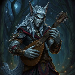 A male werewolf drow bard depicted in a fantasy RPG setting, featuring his unique werewolf traits—sharp elongated ears, a strong yet graceful physique, and striking blue eyes that glimmer with a mystical allure