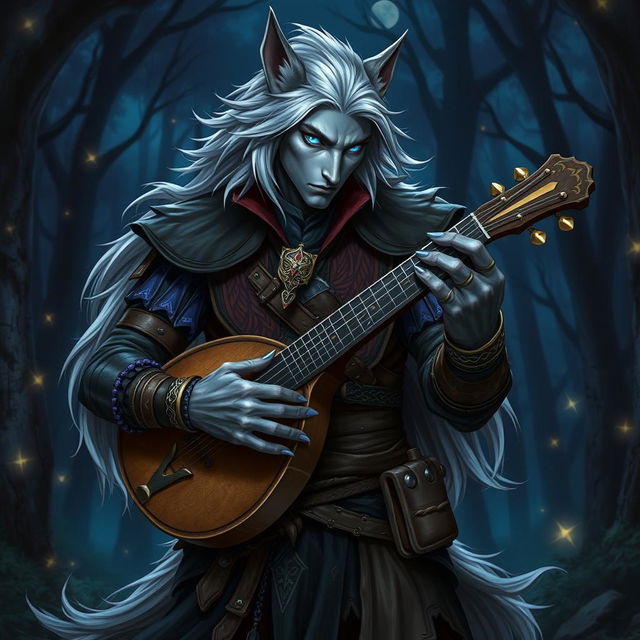 A male werewolf drow bard depicted in a fantasy RPG setting, featuring his unique werewolf traits—sharp elongated ears, a strong yet graceful physique, and striking blue eyes that glimmer with a mystical allure