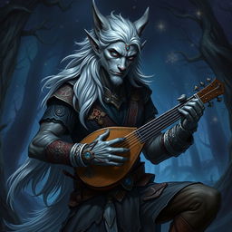 A male werewolf drow bard depicted in a fantasy RPG setting, featuring his unique werewolf traits—sharp elongated ears, a strong yet graceful physique, and striking blue eyes that glimmer with a mystical allure