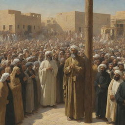 The next day in Babylon, Prophet Ibrahim, still glowing serenely, is bound to a wooden stake, surrounded by a silently observing crowd. The scene is intense, the calm demeanor of the prophet contrasting with the anticipatory faces of the onlookers.