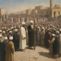 The next day in Babylon, Prophet Ibrahim, still glowing serenely, is bound to a wooden stake, surrounded by a silently observing crowd. The scene is intense, the calm demeanor of the prophet contrasting with the anticipatory faces of the onlookers.