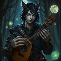 A young male werewolf drow bard in a captivating fantasy RPG setting, featuring his distinct attributes—a youthful visage with sharp features, striking blue eyes that shimmer with a hint of magic, and sleek black hair that falls just above his shoulders
