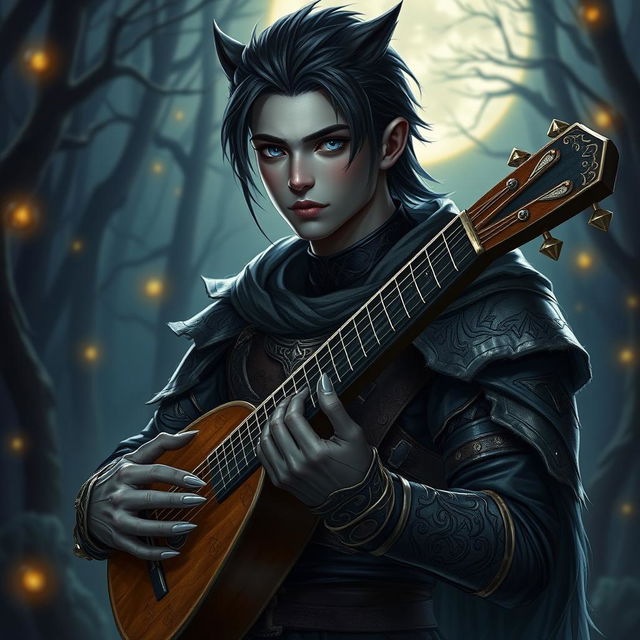 A young male werewolf drow bard in a captivating fantasy RPG setting, featuring his distinct attributes—a youthful visage with sharp features, striking blue eyes that shimmer with a hint of magic, and sleek black hair that falls just above his shoulders