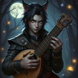 A young male werewolf drow bard in a captivating fantasy RPG setting, featuring his distinct attributes—a youthful visage with sharp features, striking blue eyes that shimmer with a hint of magic, and sleek black hair that falls just above his shoulders