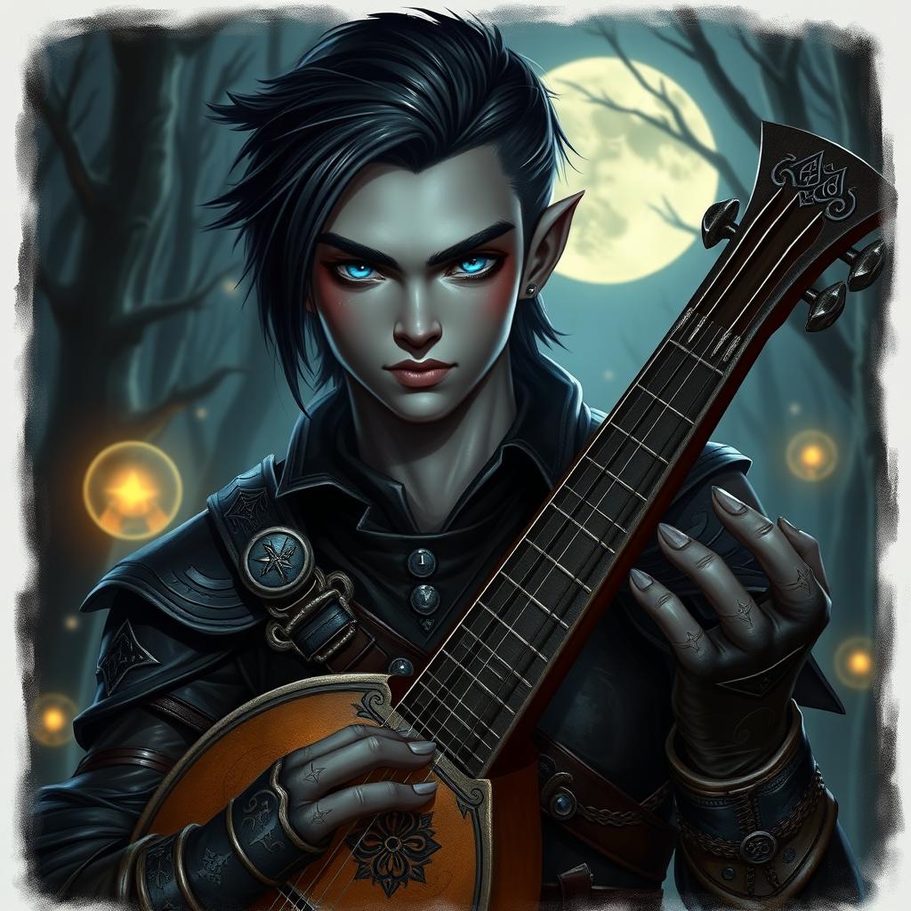 A young male werewolf drow bard in a captivating fantasy RPG setting, featuring his distinct attributes—a youthful visage with sharp features, striking blue eyes that shimmer with a hint of magic, and sleek black hair that falls just above his shoulders