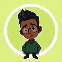 A cartoon-style logo featuring a mini figure of a young black man with short dark hair and glasses