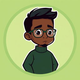 A cartoon-style logo featuring a mini figure of a young black man with short dark hair and glasses