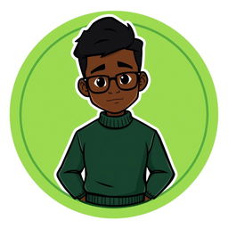 A cartoon-style logo featuring a mini figure of a young black man with short dark hair and glasses