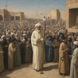 The next day in Babylon, Prophet Ibrahim, still glowing serenely, is bound to a wooden stake, surrounded by a silently observing crowd. The scene is intense, the calm demeanor of the prophet contrasting with the anticipatory faces of the onlookers.