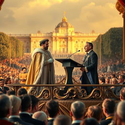 A captivating scene featuring a French monarch, elegantly dressed in luxurious royal garments, alongside a close friend, both standing proudly on an elaborately designed platform
