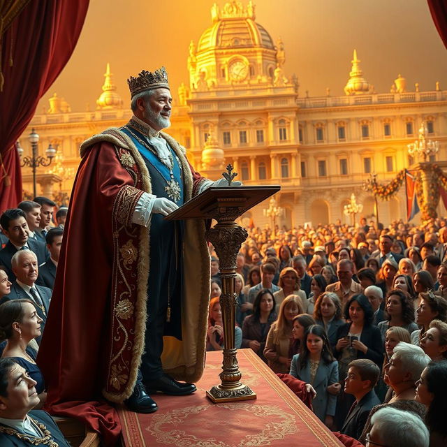 A captivating scene featuring a French monarch, elegantly dressed in luxurious royal garments, alongside a close friend, both standing proudly on an elaborately designed platform