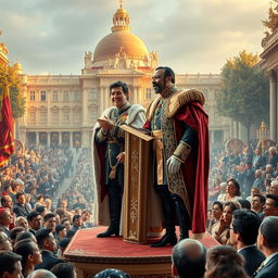 A captivating scene featuring a French monarch, elegantly dressed in luxurious royal garments, alongside a close friend, both standing proudly on an elaborately designed platform