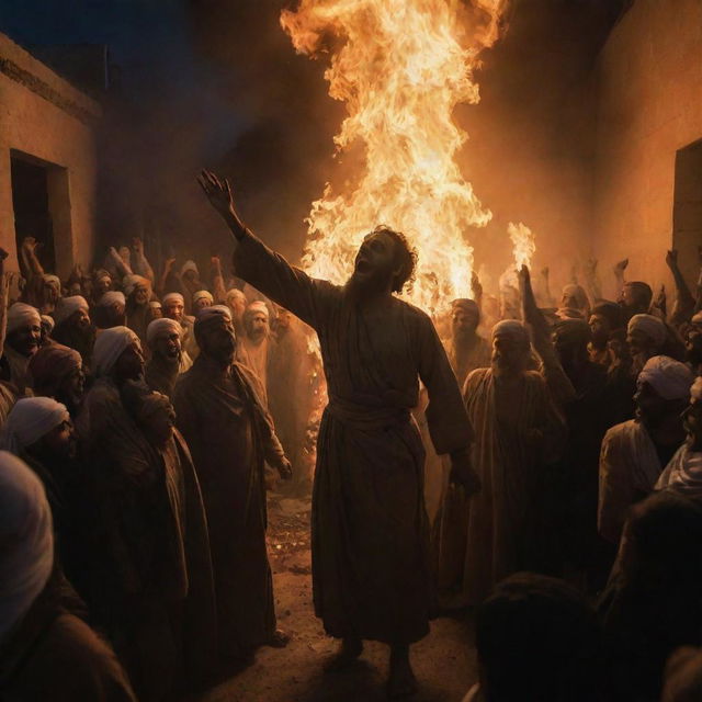 In a chilling scene, Prophet Ibrahim, still glowing subtly, is thrown into a raging fire as the crowd of Babylonians erupts into cruel laughter. The ominous firelight amplifies the crowd's harsh reaction, while the prophet maintains his calm composure.