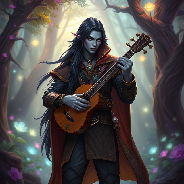 A male drow bard depicted in a vibrant fantasy RPG setting, featuring distinct characteristics that highlight his heritage—long flowing black hair cascading down his back and striking blue eyes that emanate a captivating allure