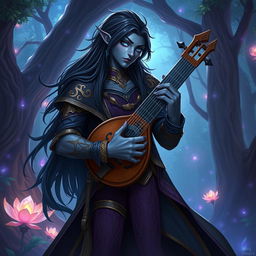 A male drow bard depicted in a vibrant fantasy RPG setting, featuring distinct characteristics that highlight his heritage—long flowing black hair cascading down his back and striking blue eyes that emanate a captivating allure