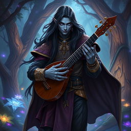 A male drow bard depicted in a vibrant fantasy RPG setting, featuring distinct characteristics that highlight his heritage—long flowing black hair cascading down his back and striking blue eyes that emanate a captivating allure