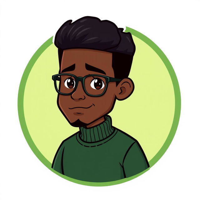 A cartoon-style logo featuring a mini figure of a young black man with clean-shaven face, short dark hair, and glasses