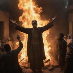 In a chilling scene, Prophet Ibrahim, still glowing subtly, is thrown into a raging fire as the crowd of Babylonians erupts into cruel laughter. The ominous firelight amplifies the crowd's harsh reaction, while the prophet maintains his calm composure.