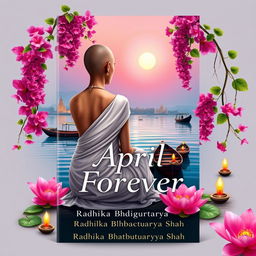 A vibrant and realistic book cover featuring a slim, slender woman's back dressed in a white flowing sari, with a tonsured head and no jewellery