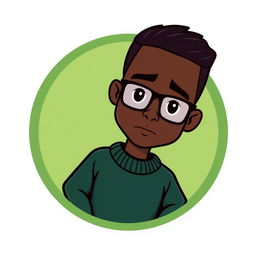 A cartoon-style logo featuring a mini figure of a clean-shaven young black man with short dark hair and glasses