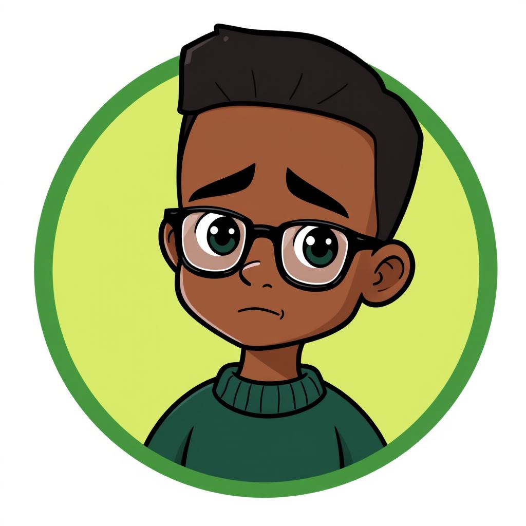 A cartoon-style logo featuring a mini figure of a clean-shaven young black man with short dark hair and glasses