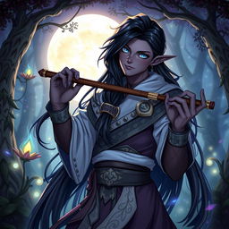 A male drow bard illustrated in a vibrant RPG setting, characterized by his striking long black hair that flows elegantly down his back, and captivating blue eyes that shine with charisma and talent