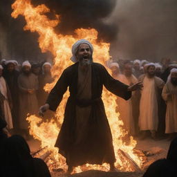 In a chilling scene, Prophet Ibrahim, still glowing subtly, is thrown into a raging fire as the crowd of Babylonians erupts into cruel laughter. The ominous firelight amplifies the crowd's harsh reaction, while the prophet maintains his calm composure.