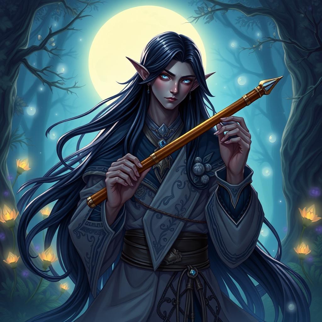 A male drow bard illustrated in a vibrant RPG setting, characterized by his striking long black hair that flows elegantly down his back, and captivating blue eyes that shine with charisma and talent