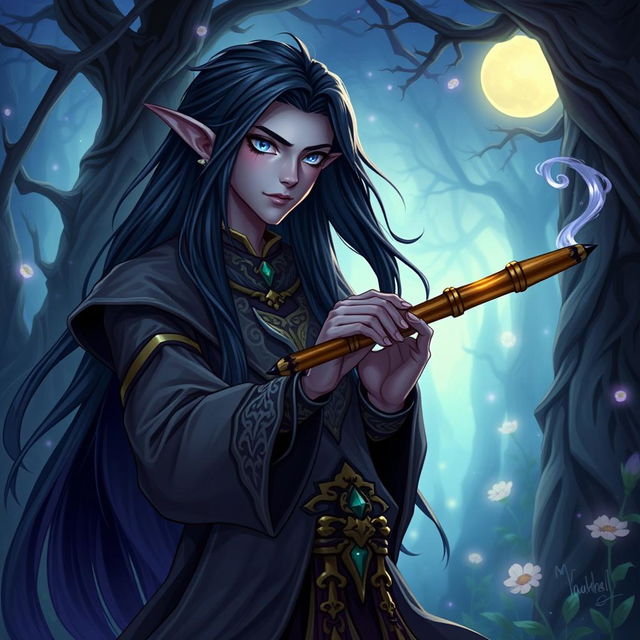 A male drow bard illustrated in a vibrant RPG setting, characterized by his striking long black hair that flows elegantly down his back, and captivating blue eyes that shine with charisma and talent