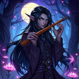 A male drow bard illustrated in a vibrant RPG setting, characterized by his striking long black hair that flows elegantly down his back, and captivating blue eyes that shine with charisma and talent