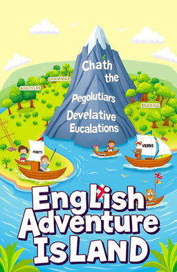 A vibrant and colorful island scene representing different aspects of English learning