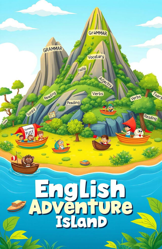 A vibrant and colorful island scene representing different aspects of English learning