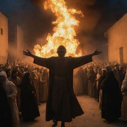 In a chilling scene, Prophet Ibrahim, still glowing subtly, is thrown into a raging fire as the crowd of Babylonians erupts into cruel laughter. The ominous firelight amplifies the crowd's harsh reaction, while the prophet maintains his calm composure.