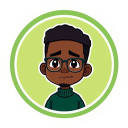 A cartoon-style logo featuring a mini figure of a clean-shaven young black man with short dark hair and glasses