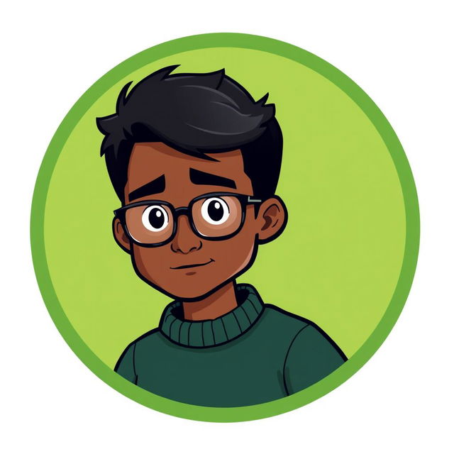 A cartoon-style logo featuring a mini figure of a clean-shaven young black man with short dark hair and glasses