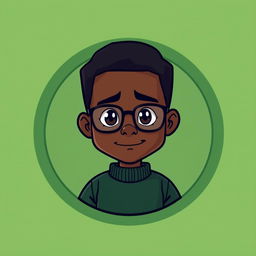 A cartoon-style logo featuring a mini figure of a clean-shaven young black man with short dark hair and glasses