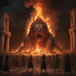 A roaring fire erupts, enormous and fierce, consuming all in its path. Its terrifying glow and colossal scale dominate the scene, standing out against the Babylonian landscape and illuminating the shocked faces of the onlooking crowd.